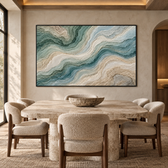 3D High-Relief Textured Abstract Mountain & River Wall Art – Large Impasto Canvas in Deep Teal, Soft Green, Ivory, and Beige Tones, Modern Coastal or Wabi-Sabi Style, Large Horizontal Decor TEXVAS | Textured Canvas Art