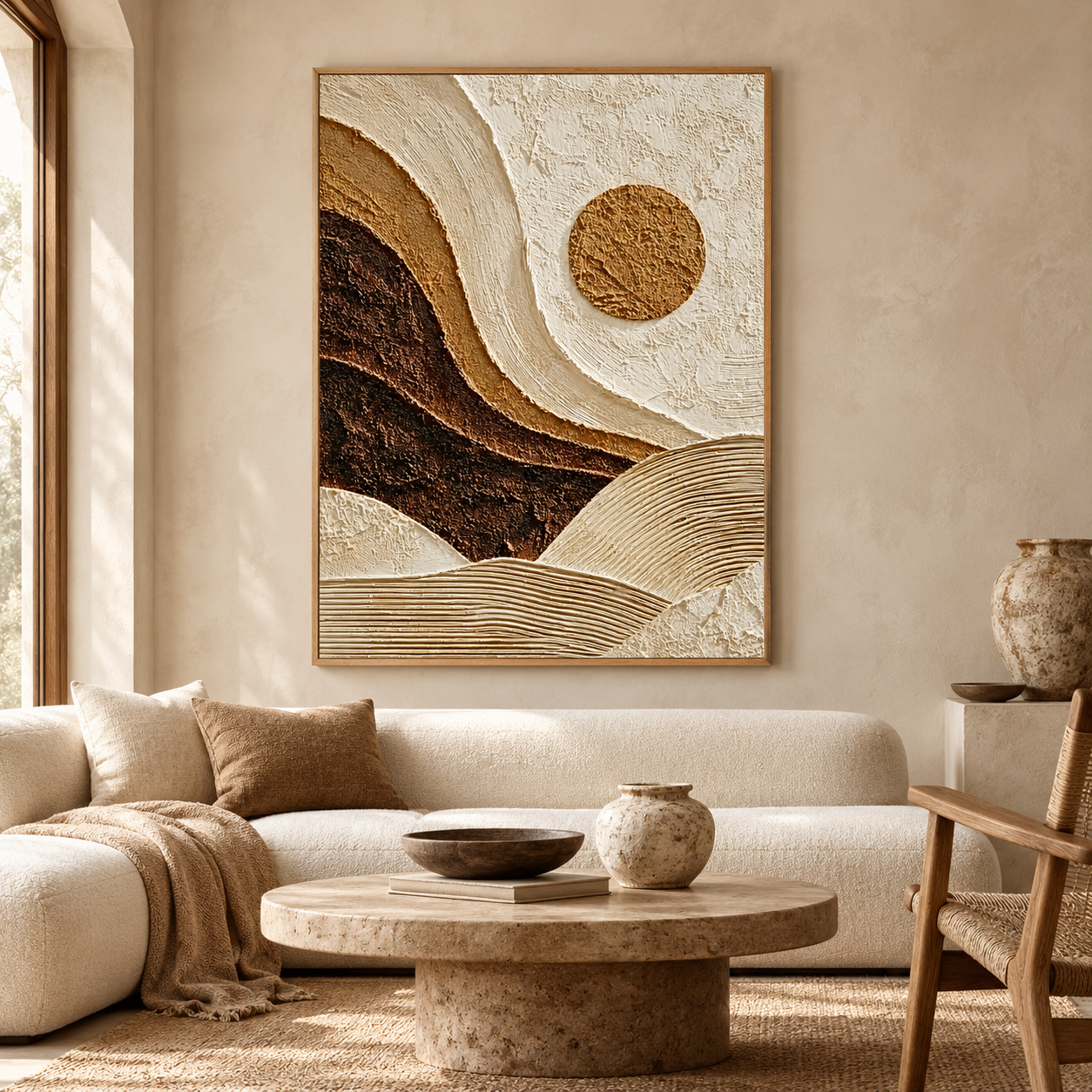Desert Sun & Mountain Dunes 3D Textured Wall Art – Warm Ochre, Espresso & Cream Impasto Canvas Painting, Modern Wabi-Sabi Landscape Wall Decor TEXVAS | Textured Canvas Art