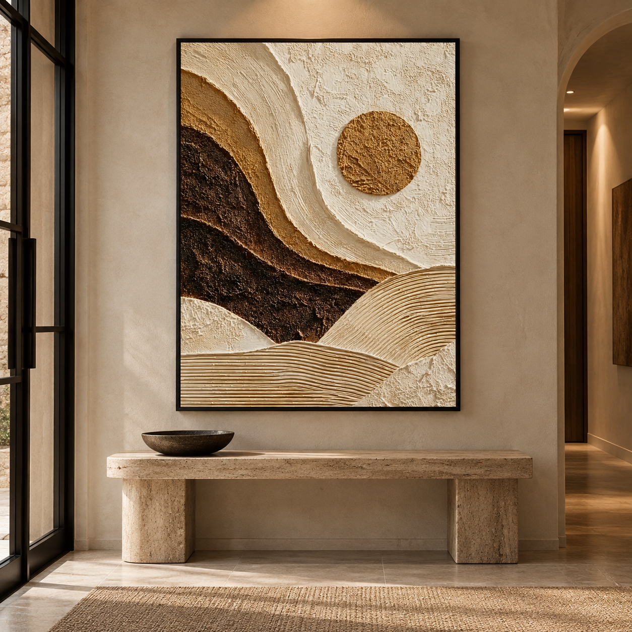 Desert Sun & Mountain Dunes 3D Textured Wall Art – Warm Ochre, Espresso & Cream Impasto Canvas Painting, Modern Wabi-Sabi Landscape Wall Decor TEXVAS | Textured Canvas Art