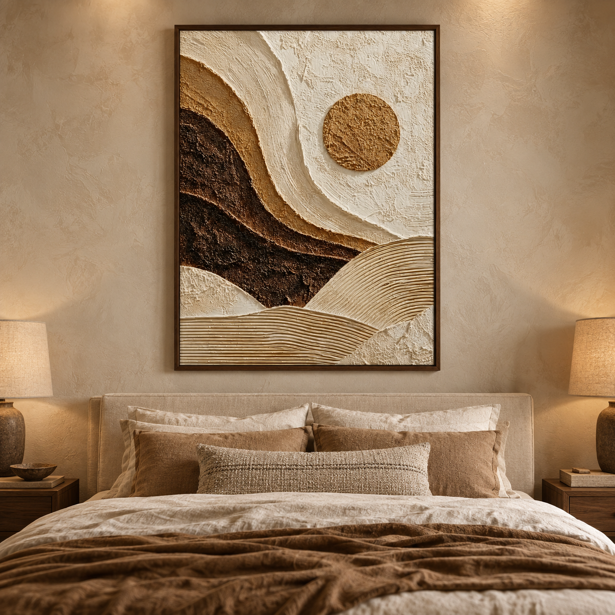 Desert Sun & Mountain Dunes 3D Textured Wall Art – Warm Ochre, Espresso & Cream Impasto Canvas Painting, Modern Wabi-Sabi Landscape Wall Decor TEXVAS | Textured Canvas Art