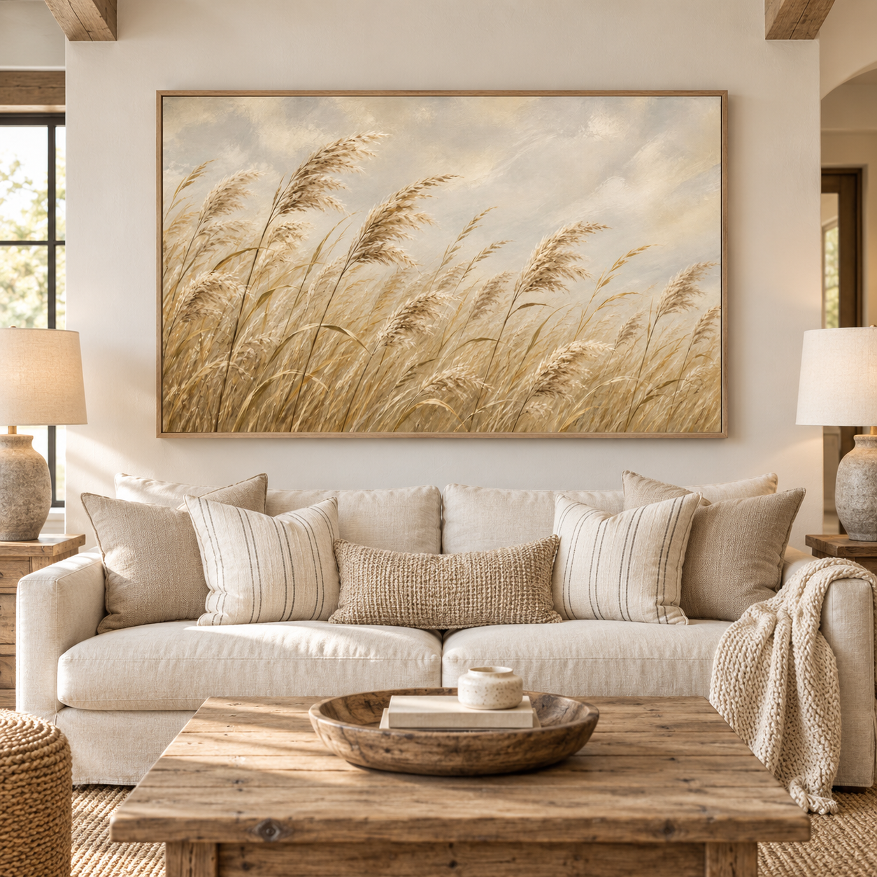 Whispering Breezes – Hand-Painted Textured Pampas Grass & Reeds Canvas Wall Art | Horizontal Modern Coastal Farmhouse Framed Artwork TEXVAS | Textured Canvas Art