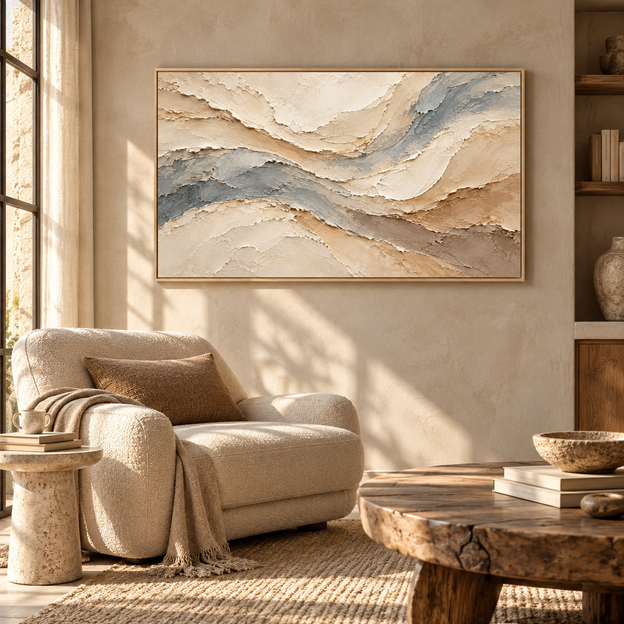 Serene River Currents 3D Textured Wall Art – Slate Blue, Sand Beige & Cream Heavy Impasto Canvas Painting, Large Horizontal Wabi-Sabi Wall Decor TEXVAS | Textured Canvas Art