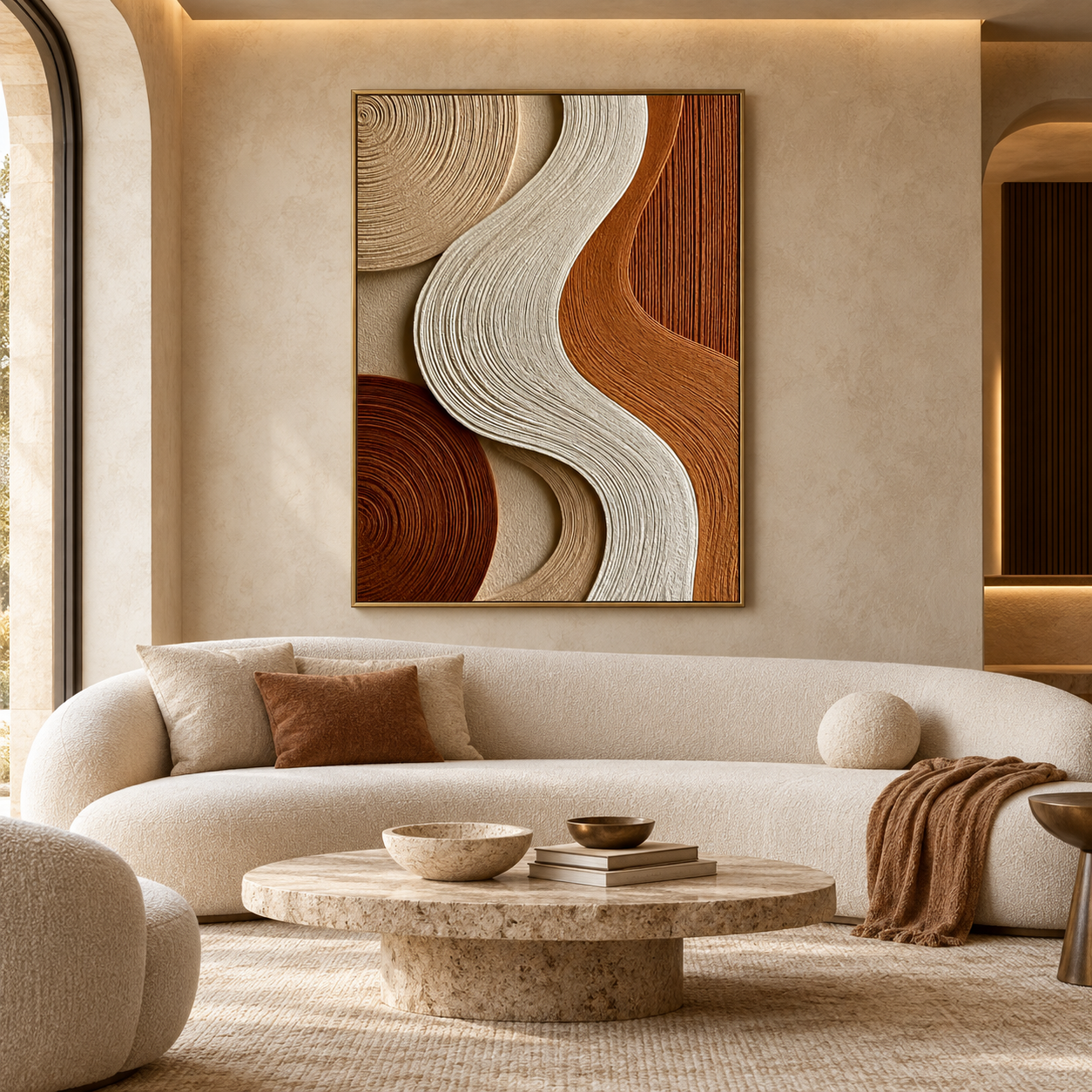 Terracotta S-Wave & Concentric Rings 3D Textured Wall Art – Warm Rust, Caramel & Cream Fluted Canvas Painting, Modern Wabi-Sabi Vertical Wall Decor TEXVAS | Textured Canvas Art