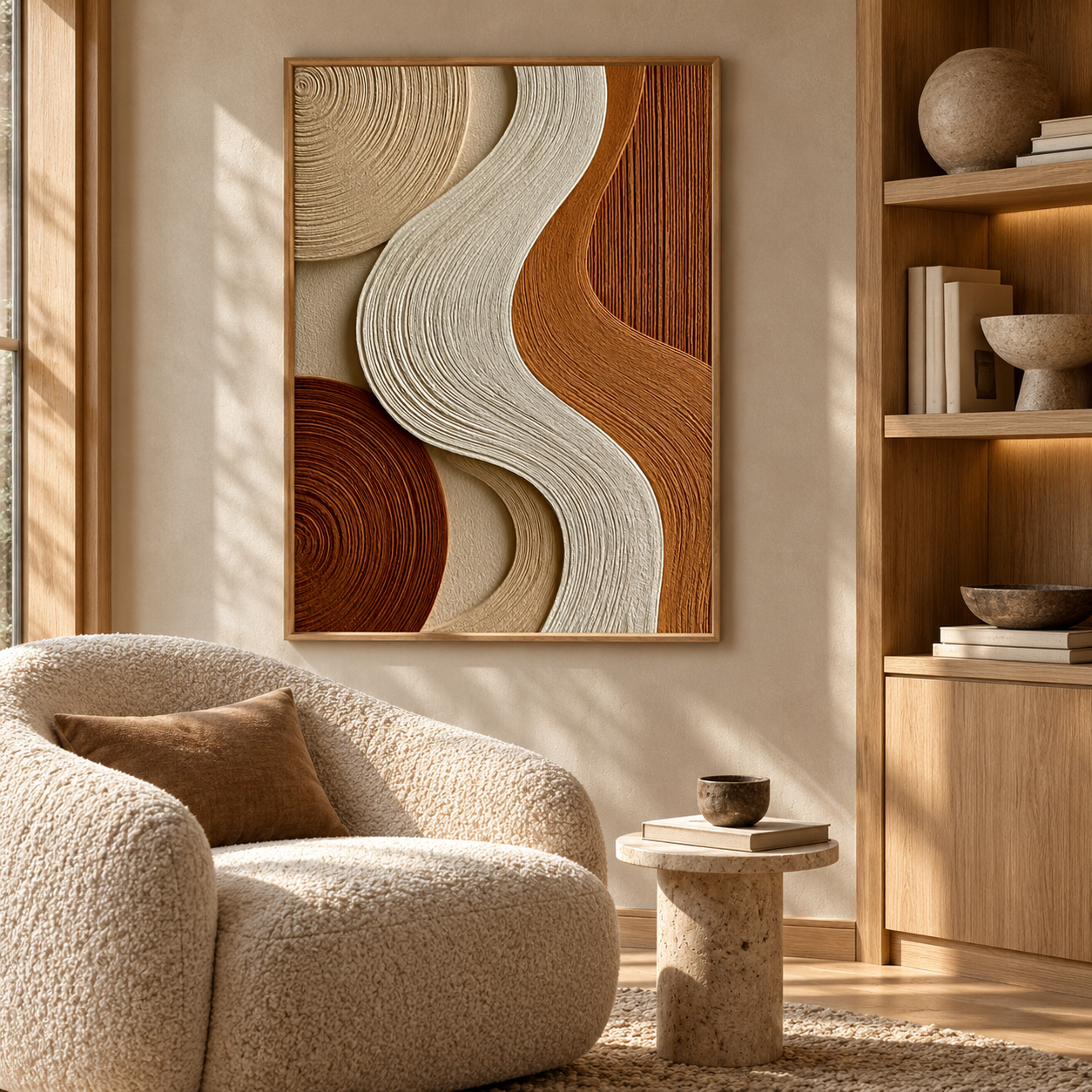 Terracotta S-Wave & Concentric Rings 3D Textured Wall Art – Warm Rust, Caramel & Cream Fluted Canvas Painting, Modern Wabi-Sabi Vertical Wall Decor TEXVAS | Textured Canvas Art