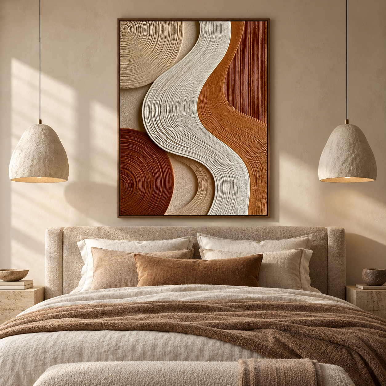 Terracotta S-Wave & Concentric Rings 3D Textured Wall Art – Warm Rust, Caramel & Cream Fluted Canvas Painting, Modern Wabi-Sabi Vertical Wall Decor TEXVAS | Textured Canvas Art