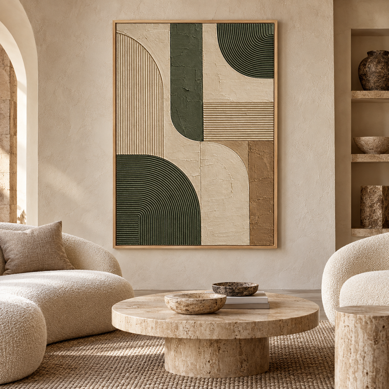 Olive Green Geometric Arches 3D Textured Wall Art – Fluted Arch & Line Relief Impasto Canvas Painting, Modern Wabi-Sabi Geometric Wall Decor TEXVAS | Textured Canvas Art