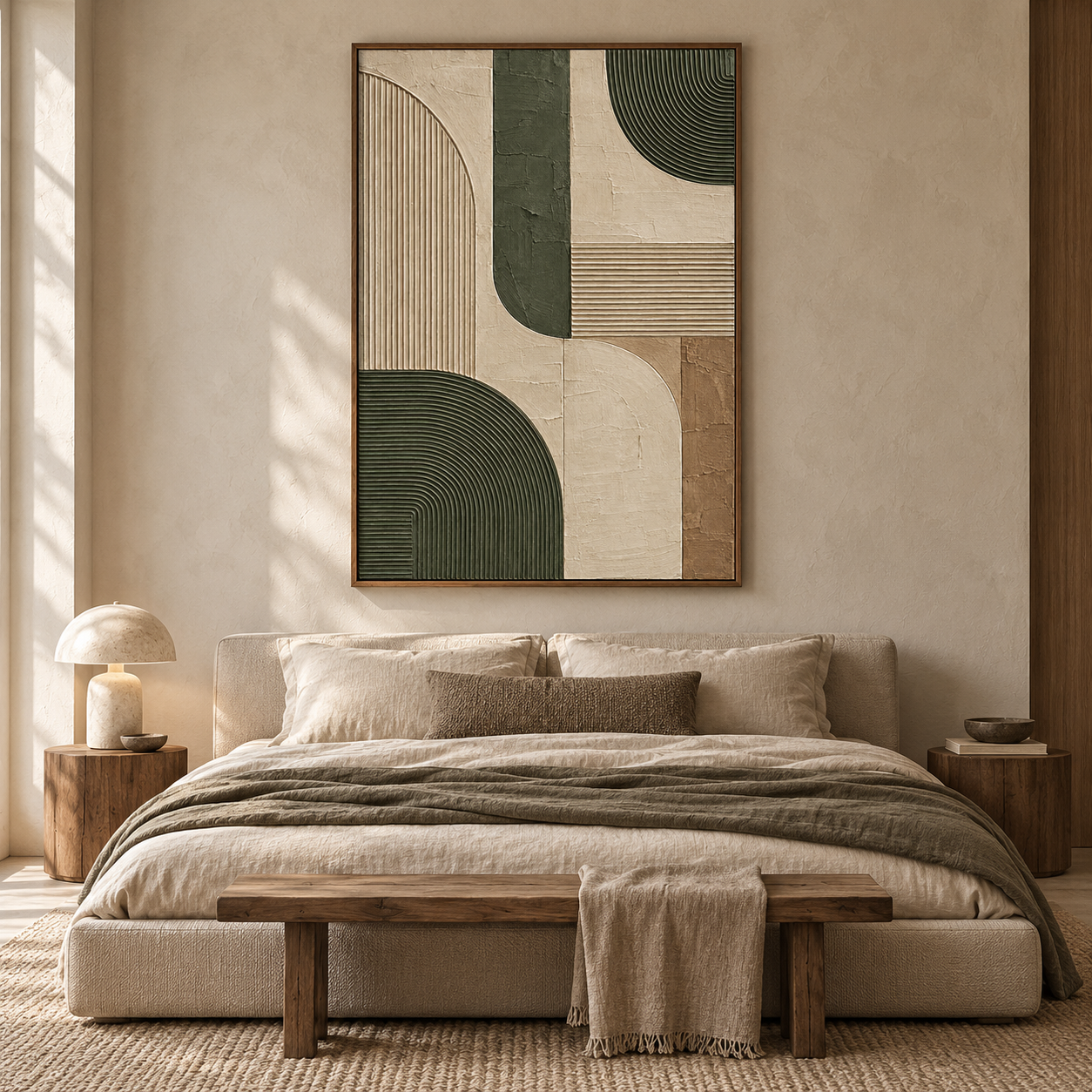 Olive Green Geometric Arches 3D Textured Wall Art – Fluted Arch & Line Relief Impasto Canvas Painting, Modern Wabi-Sabi Geometric Wall Decor TEXVAS | Textured Canvas Art