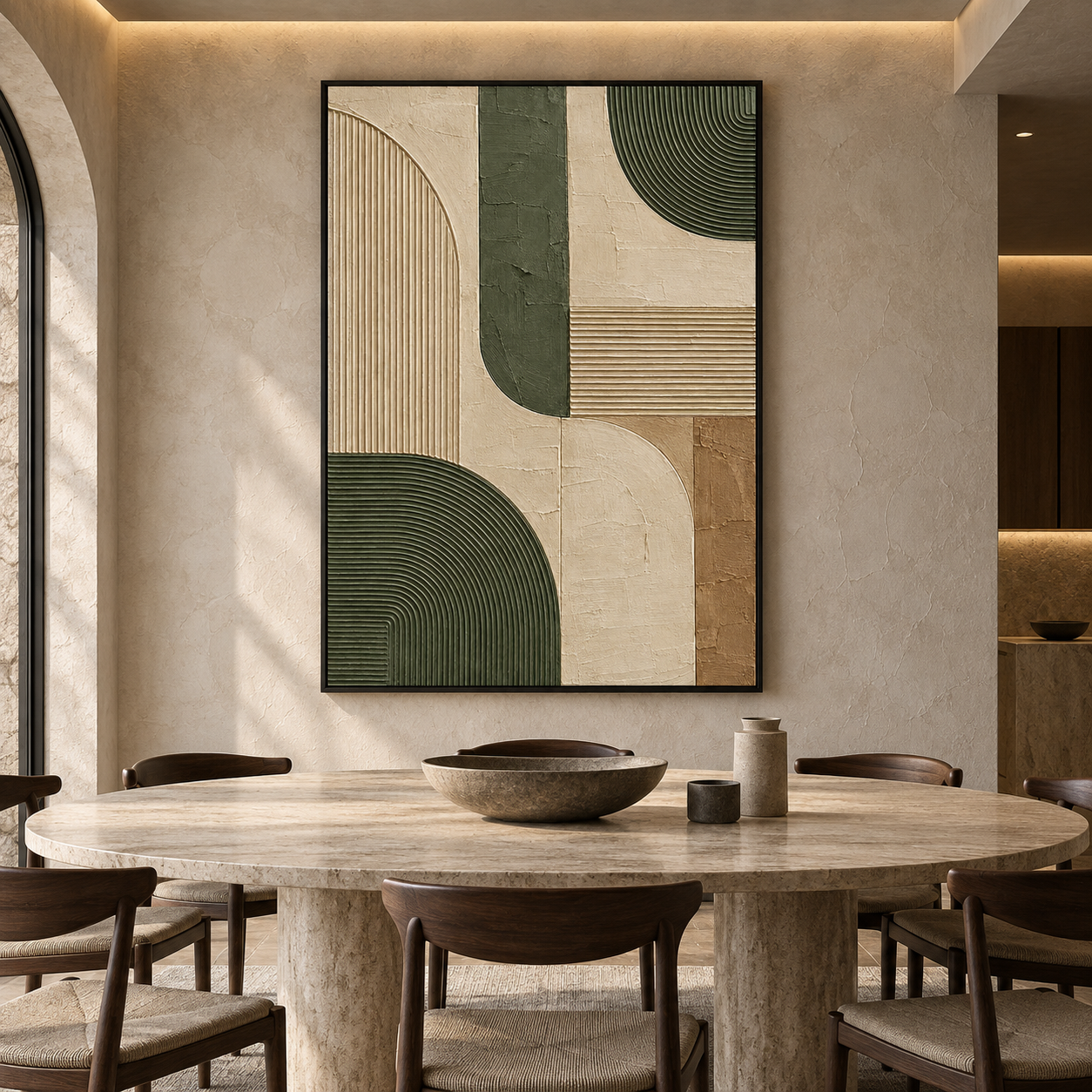 Olive Green Geometric Arches 3D Textured Wall Art – Fluted Arch & Line Relief Impasto Canvas Painting, Modern Wabi-Sabi Geometric Wall Decor TEXVAS | Textured Canvas Art