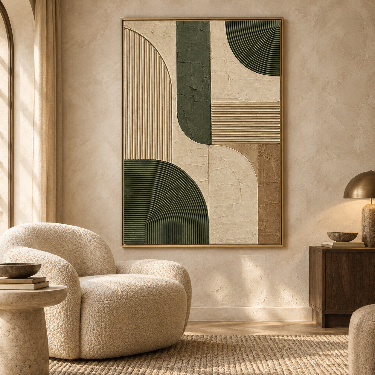 Olive Green Geometric Arches 3D Textured Wall Art – Fluted Arch & Line Relief Impasto Canvas Painting, Modern Wabi-Sabi Geometric Wall Decor TEXVAS | Textured Canvas Art