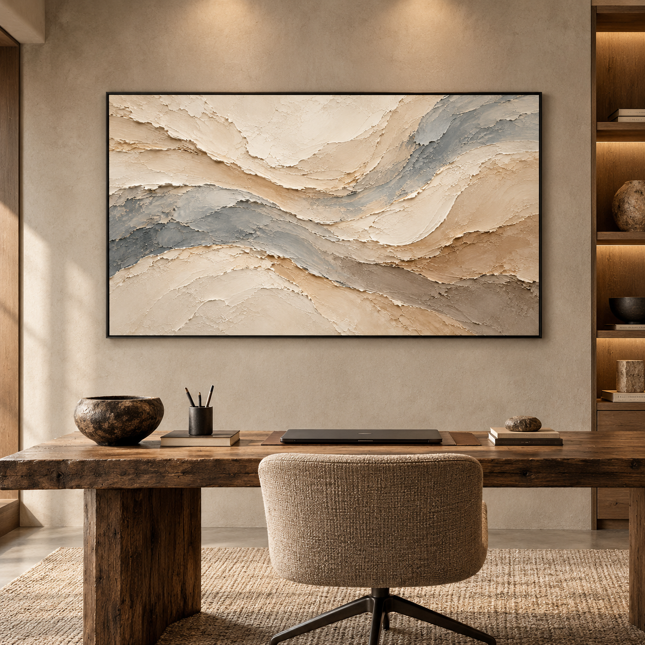 Serene River Currents 3D Textured Wall Art – Slate Blue, Sand Beige & Cream Heavy Impasto Canvas Painting, Large Horizontal Wabi-Sabi Wall Decor TEXVAS | Textured Canvas Art
