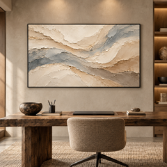 Serene River Currents 3D Textured Wall Art – Slate Blue, Sand Beige & Cream Heavy Impasto Canvas Painting, Large Horizontal Wabi-Sabi Wall Decor TEXVAS | Textured Canvas Art