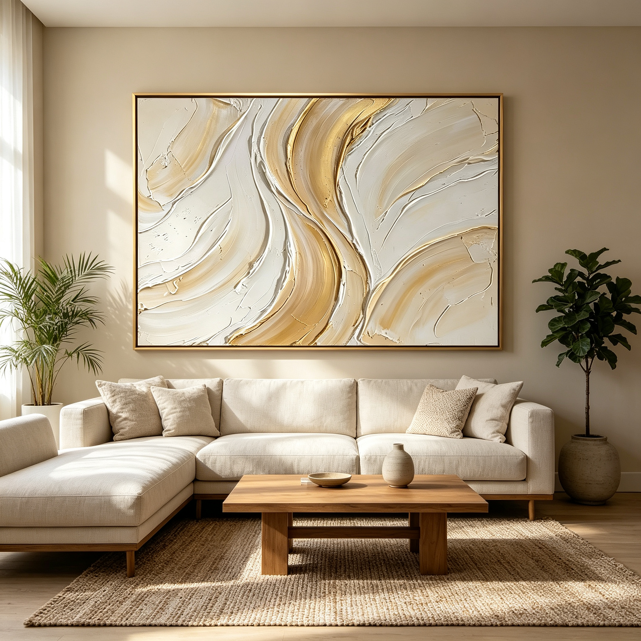 Golden Veins – Hand-Painted 3D Gold Leaf & Cream Textured Canvas Wall Art | Minimalist Luxury Framed Artwork TEXVAS | Textured Canvas Art