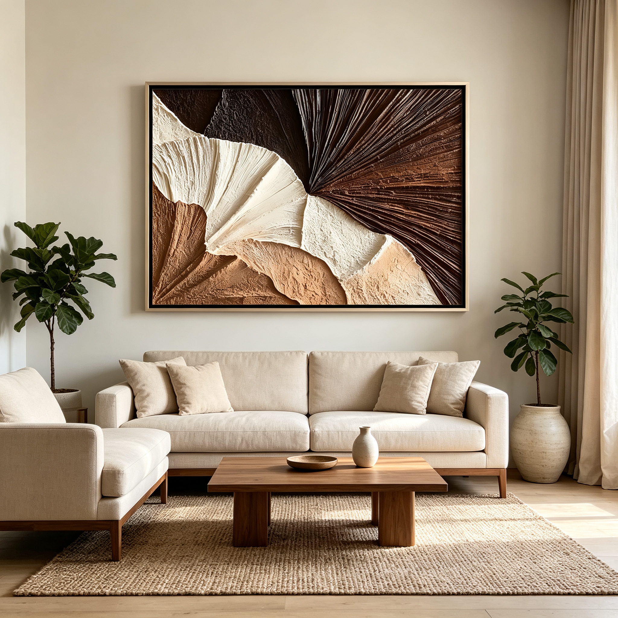 Sculpted Fan – Hand-Painted 3D Palm Leaf Textured Canvas Wall Art | Modern Earth Tone Wabi-Sabi Framed Artwork TEXVAS | Textured Canvas Art
