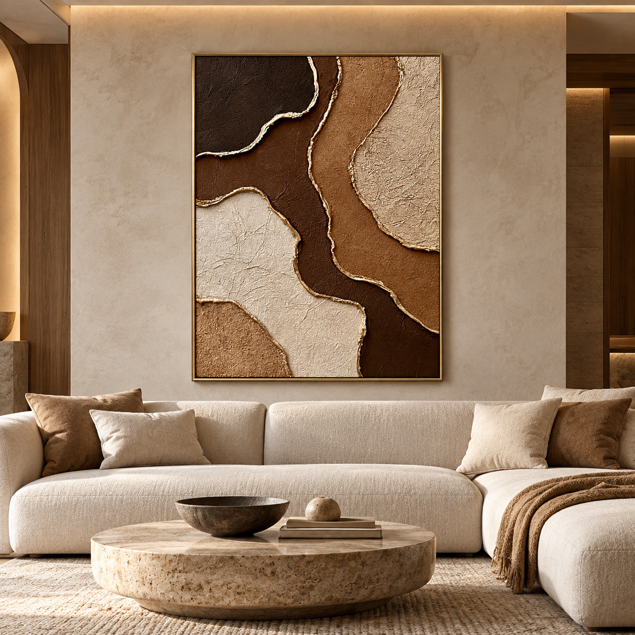 Earthy Gold Vein Strata 3D Textured Wall Art – Dark Espresso, Ochre & Cream Gold Foil Edge Impasto Canvas Painting, Modern Wabi-Sabi Vertical Wall Decor TEXVAS | Textured Canvas Art