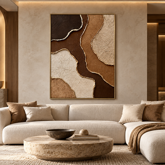 Earthy Gold Vein Strata 3D Textured Wall Art – Dark Espresso, Ochre & Cream Gold Foil Edge Impasto Canvas Painting, Modern Wabi-Sabi Vertical Wall Decor TEXVAS | Textured Canvas Art