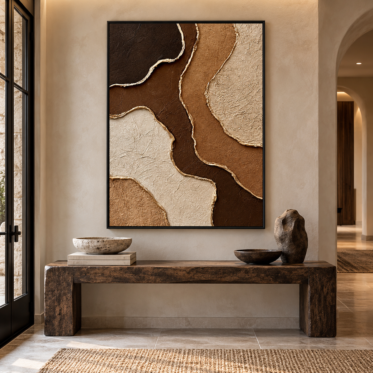 Earthy Gold Vein Strata 3D Textured Wall Art – Dark Espresso, Ochre & Cream Gold Foil Edge Impasto Canvas Painting, Modern Wabi-Sabi Vertical Wall Decor TEXVAS | Textured Canvas Art