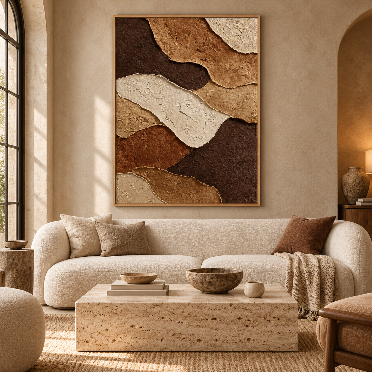 Earthy Terracotta Strata 3D Textured Wall Art – Espresso, Ochre & Cream Torn Edge Impasto Canvas Painting, Modern Wabi-Sabi Plaster Wall Decor TEXVAS | Textured Canvas Art