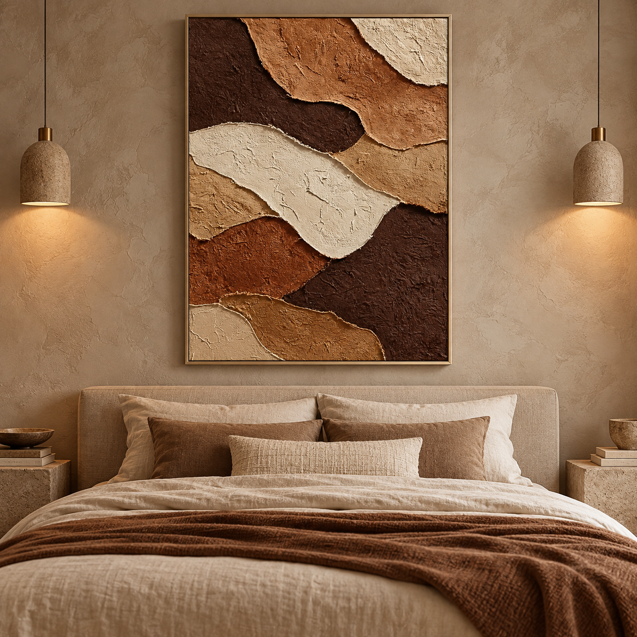Earthy Terracotta Strata 3D Textured Wall Art – Espresso, Ochre & Cream Torn Edge Impasto Canvas Painting, Modern Wabi-Sabi Plaster Wall Decor TEXVAS | Textured Canvas Art