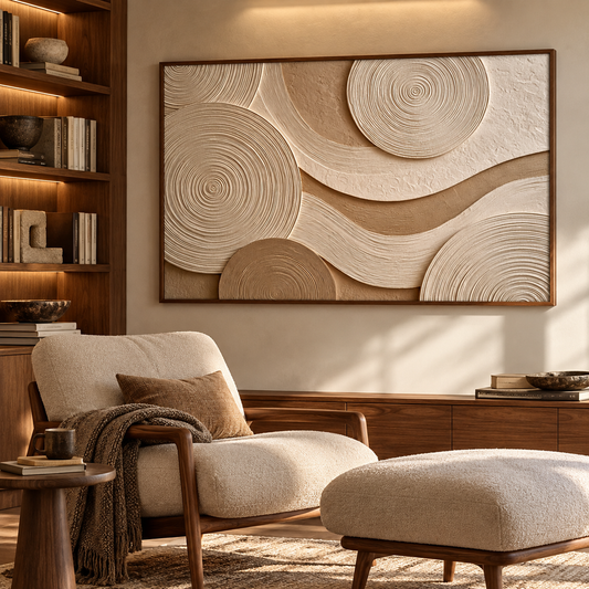 Concentric Zen Rings 3D Textured Wall Art – Warm Sand Beige & Cream Fluted Circle Impasto Canvas Painting, Large Horizontal Wabi-Sabi Wall Decor TEXVAS | Textured Canvas Art