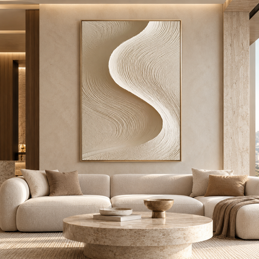 Minimalist Cream S-Wave 3D Textured Wall Art – Warm Ivory & Beige Fluted Ridge Impasto Canvas Painting, Modern Wabi-Sabi Vertical Plaster Wall Decor TEXVAS | Textured Canvas Art
