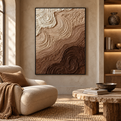 Swirling Earth & Coffee Strata 3D Textured Wall Art – Warm Espresso, Caramel & Cream Impasto Canvas Painting, Modern Wabi-Sabi Swirl Plaster Wall Decor TEXVAS | Textured Canvas Art