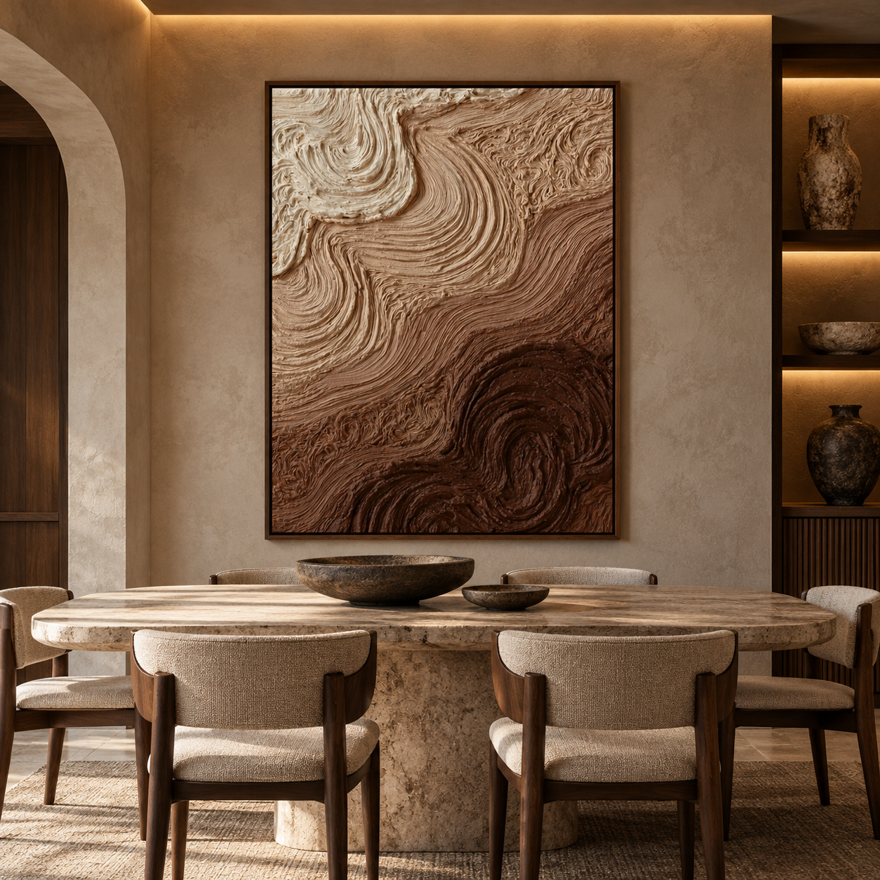 Swirling Earth & Coffee Strata 3D Textured Wall Art – Warm Espresso, Caramel & Cream Impasto Canvas Painting, Modern Wabi-Sabi Swirl Plaster Wall Decor TEXVAS | Textured Canvas Art