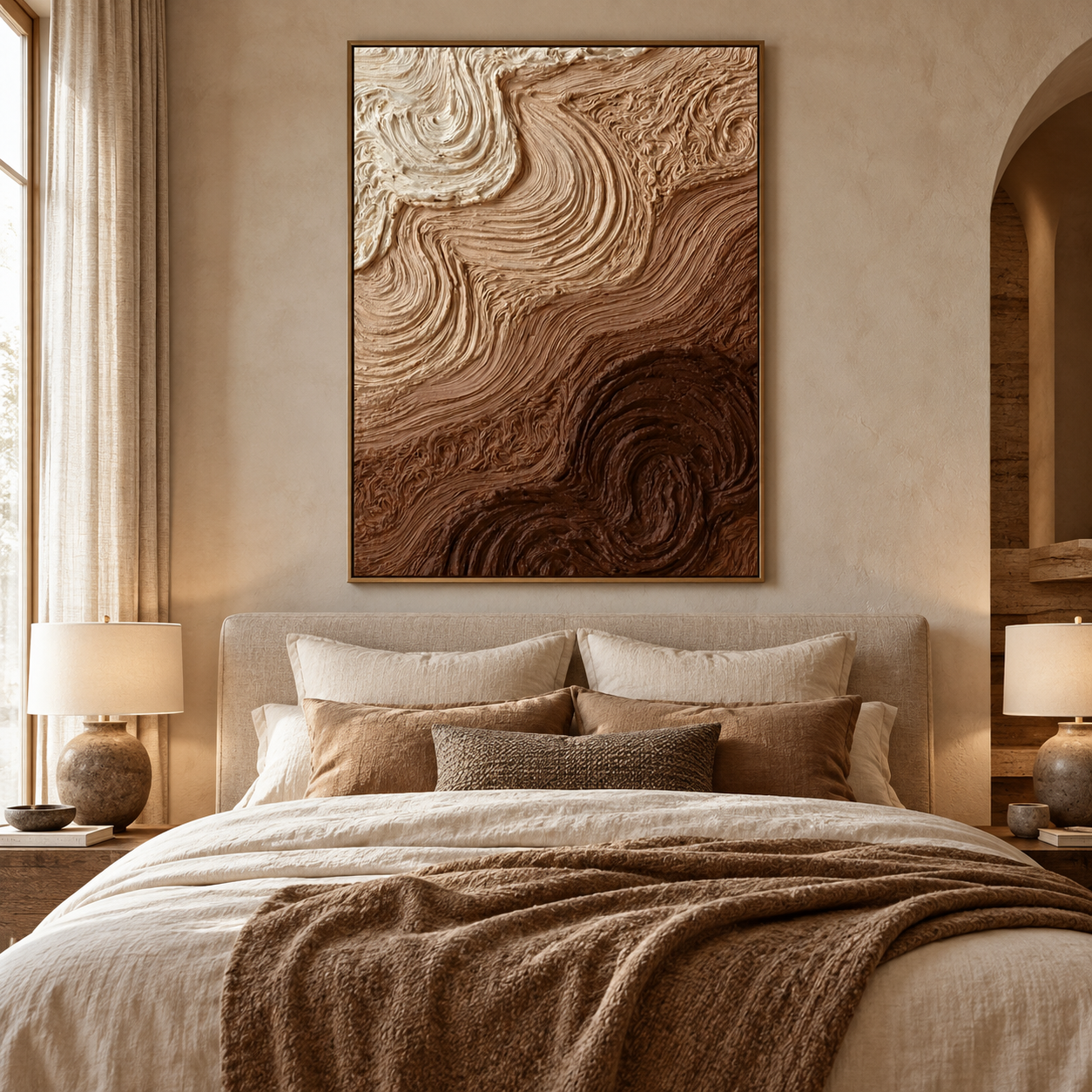 Swirling Earth & Coffee Strata 3D Textured Wall Art – Warm Espresso, Caramel & Cream Impasto Canvas Painting, Modern Wabi-Sabi Swirl Plaster Wall Decor TEXVAS | Textured Canvas Art